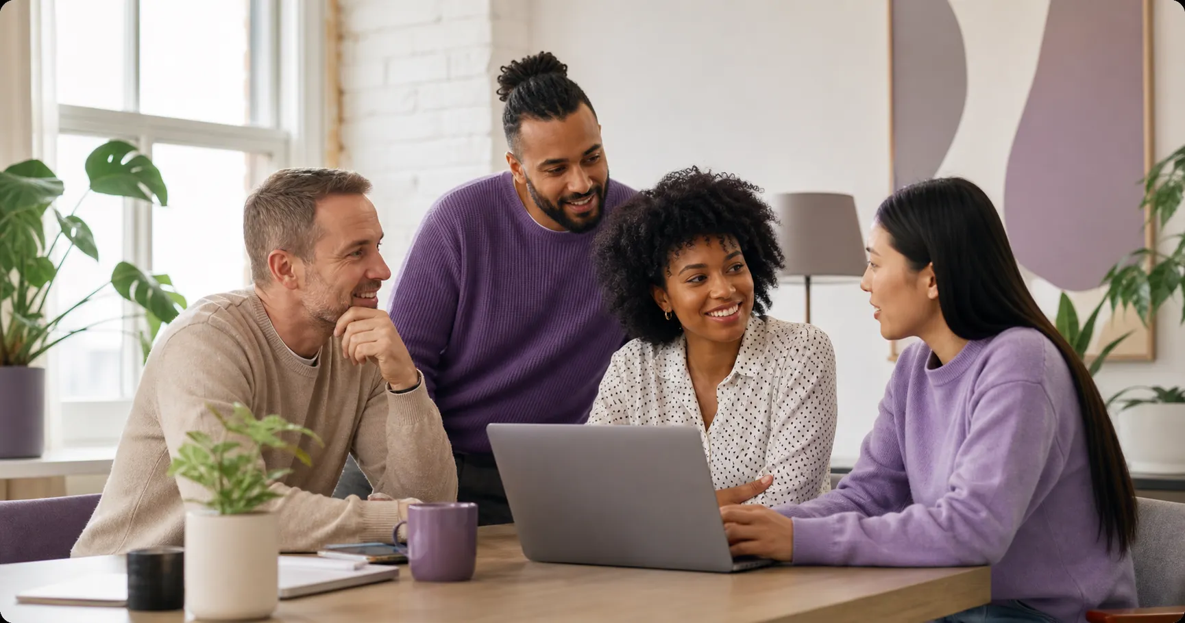 A diverse hiring team discussing an opportunity together